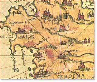 Detalj av territoriet i Alghero (Alguer) - Madrid, Nationalbiblioteket. Målning på pergament