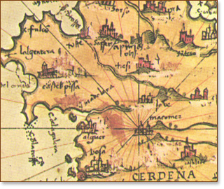 Ausschnitt aus dem Gebiet von Alghero (Alguer) - Madrid, Nationalbibliothek. Malerei auf Pergament